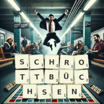 Kreative Illustration für ein Scrabble-Spiel, bei dem das Wort SCHROTTBÜCHSEN mit Steinen auf dem Brett gelegt wurde.