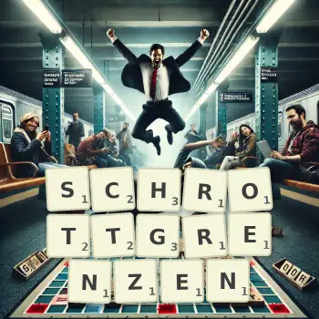 Kreative Illustration für ein Scrabble-Spiel, bei dem das Wort SCHROTTGRENZEN mit Steinen auf dem Brett gelegt wurde.