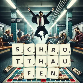 Kreative Illustration für ein Scrabble-Spiel, bei dem das Wort SCHROTTHAUFEN mit Steinen auf dem Brett gelegt wurde.