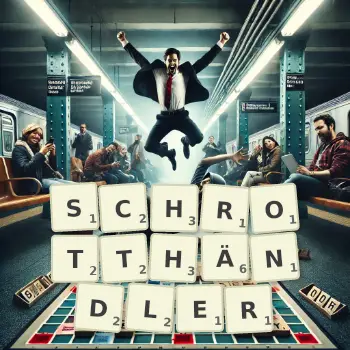 Kreative Illustration für ein Scrabble-Spiel, bei dem das Wort SCHROTTHÄNDLER mit Steinen auf dem Brett gelegt wurde.