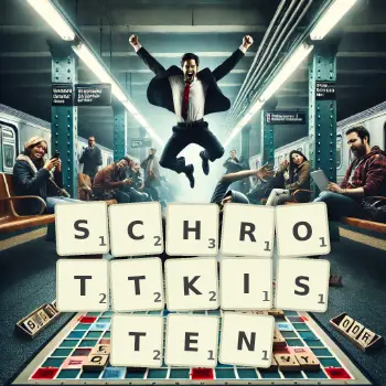 Kreative Illustration für ein Scrabble-Spiel, bei dem das Wort SCHROTTKISTEN mit Steinen auf dem Brett gelegt wurde.