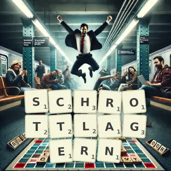 Kreative Illustration für ein Scrabble-Spiel, bei dem das Wort SCHROTTLAGERN mit Steinen auf dem Brett gelegt wurde.
