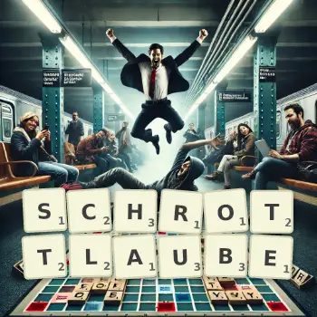 Kreative Illustration für ein Scrabble-Spiel, bei dem das Wort SCHROTTLAUBE mit Steinen auf dem Brett gelegt wurde.