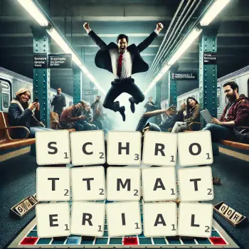 Kreative Illustration für ein Scrabble-Spiel, bei dem das Wort SCHROTTMATERIAL mit Steinen auf dem Brett gelegt wurde.