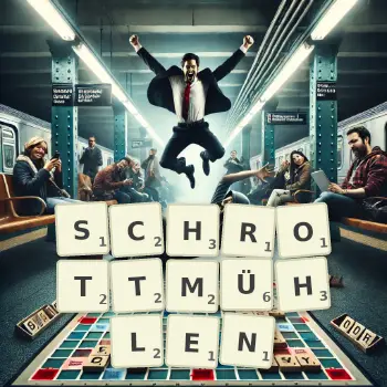 Kreative Illustration für ein Scrabble-Spiel, bei dem das Wort SCHROTTMÜHLEN mit Steinen auf dem Brett gelegt wurde.