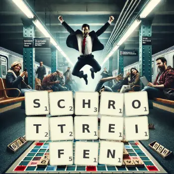 Kreative Illustration für ein Scrabble-Spiel, bei dem das Wort SCHROTTREIFEN mit Steinen auf dem Brett gelegt wurde.