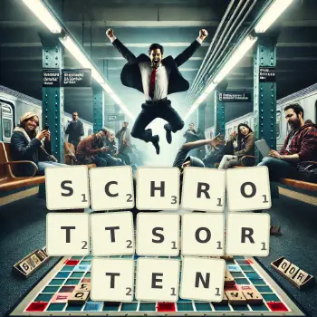 Kreative Illustration für ein Scrabble-Spiel, bei dem das Wort SCHROTTSORTEN mit Steinen auf dem Brett gelegt wurde.