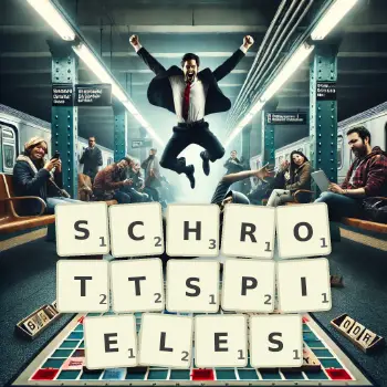 Kreative Illustration für ein Scrabble-Spiel, bei dem das Wort SCHROTTSPIELES mit Steinen auf dem Brett gelegt wurde.