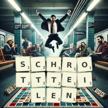 Kreative Illustration für ein Scrabble-Spiel, bei dem das Wort SCHROTTTEILEN mit Steinen auf dem Brett gelegt wurde.