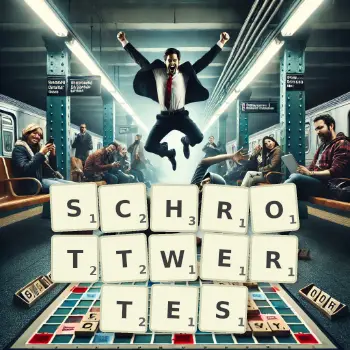 Kreative Illustration für ein Scrabble-Spiel, bei dem das Wort SCHROTTWERTES mit Steinen auf dem Brett gelegt wurde.