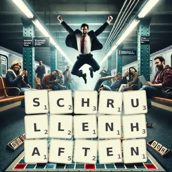 Kreative Illustration für ein Scrabble-Spiel, bei dem das Wort SCHRULLENHAFTEN mit Steinen auf dem Brett gelegt wurde.