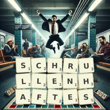 Kreative Illustration für ein Scrabble-Spiel, bei dem das Wort SCHRULLENHAFTES mit Steinen auf dem Brett gelegt wurde.