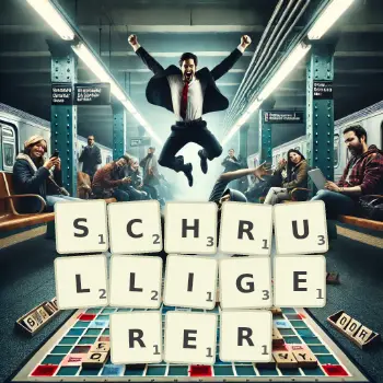 Kreative Illustration für ein Scrabble-Spiel, bei dem das Wort SCHRULLIGERER mit Steinen auf dem Brett gelegt wurde.