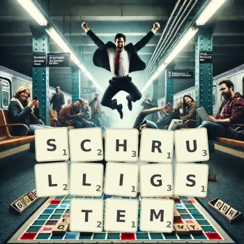 Kreative Illustration für ein Scrabble-Spiel, bei dem das Wort SCHRULLIGSTEM mit Steinen auf dem Brett gelegt wurde.