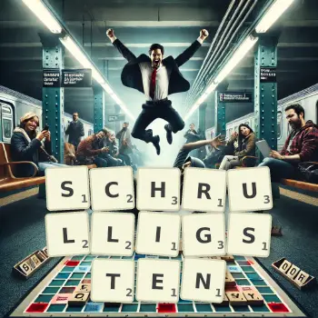 Kreative Illustration für ein Scrabble-Spiel, bei dem das Wort SCHRULLIGSTEN mit Steinen auf dem Brett gelegt wurde.