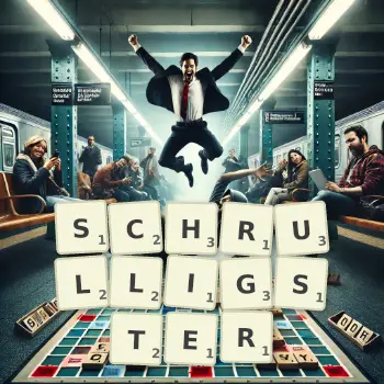 Kreative Illustration für ein Scrabble-Spiel, bei dem das Wort SCHRULLIGSTER mit Steinen auf dem Brett gelegt wurde.