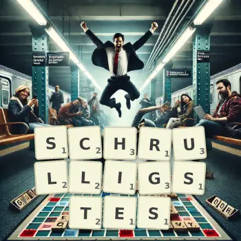 Kreative Illustration für ein Scrabble-Spiel, bei dem das Wort SCHRULLIGSTES mit Steinen auf dem Brett gelegt wurde.