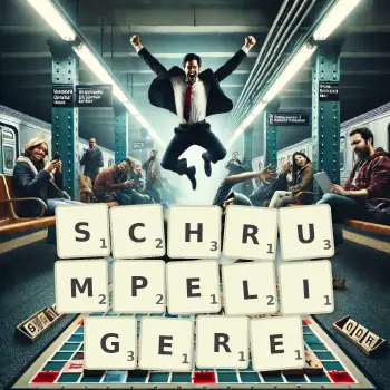 Kreative Illustration für ein Scrabble-Spiel, bei dem das Wort SCHRUMPELIGERE mit Steinen auf dem Brett gelegt wurde.