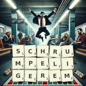 Kreative Illustration für ein Scrabble-Spiel, bei dem das Wort SCHRUMPELIGEREM mit Steinen auf dem Brett gelegt wurde.