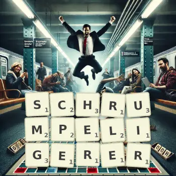 Kreative Illustration für ein Scrabble-Spiel, bei dem das Wort SCHRUMPELIGERER mit Steinen auf dem Brett gelegt wurde.