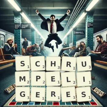 Kreative Illustration für ein Scrabble-Spiel, bei dem das Wort SCHRUMPELIGERES mit Steinen auf dem Brett gelegt wurde.