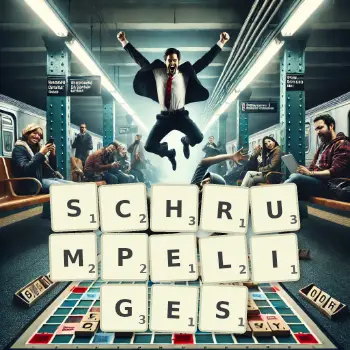 Kreative Illustration für ein Scrabble-Spiel, bei dem das Wort SCHRUMPELIGES mit Steinen auf dem Brett gelegt wurde.