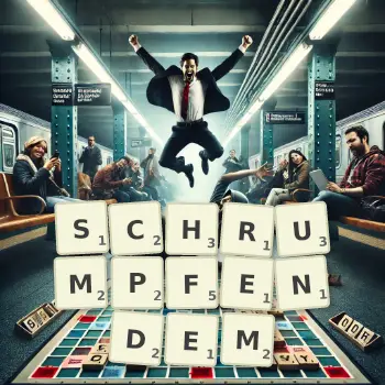 Kreative Illustration für ein Scrabble-Spiel, bei dem das Wort SCHRUMPFENDEM mit Steinen auf dem Brett gelegt wurde.