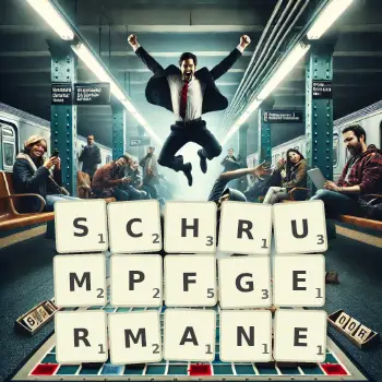 Kreative Illustration für ein Scrabble-Spiel, bei dem das Wort SCHRUMPFGERMANE mit Steinen auf dem Brett gelegt wurde.