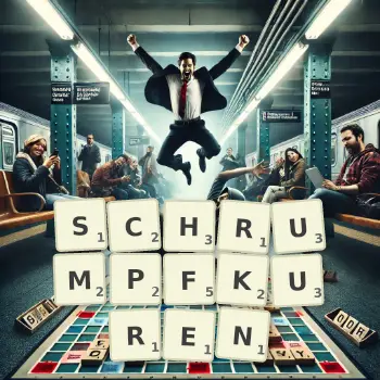 Kreative Illustration für ein Scrabble-Spiel, bei dem das Wort SCHRUMPFKUREN mit Steinen auf dem Brett gelegt wurde.