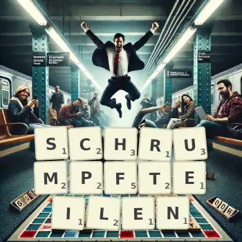 Kreative Illustration für ein Scrabble-Spiel, bei dem das Wort SCHRUMPFTEILEN mit Steinen auf dem Brett gelegt wurde.