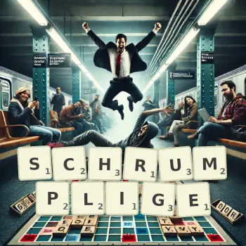 Kreative Illustration für ein Scrabble-Spiel, bei dem das Wort SCHRUMPLIGE mit Steinen auf dem Brett gelegt wurde.