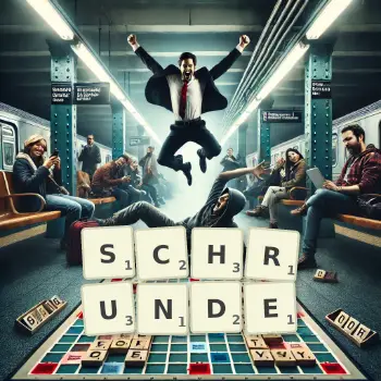 Kreative Illustration für ein Scrabble-Spiel, bei dem das Wort SCHRUNDE mit Steinen auf dem Brett gelegt wurde.