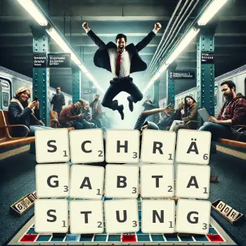 Kreative Illustration für ein Scrabble-Spiel, bei dem das Wort SCHRÄGABTASTUNG mit Steinen auf dem Brett gelegt wurde.