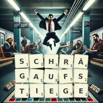Kreative Illustration für ein Scrabble-Spiel, bei dem das Wort SCHRÄGAUFSTIEGE mit Steinen auf dem Brett gelegt wurde.