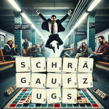 Kreative Illustration für ein Scrabble-Spiel, bei dem das Wort SCHRÄGAUFZUGS mit Steinen auf dem Brett gelegt wurde.