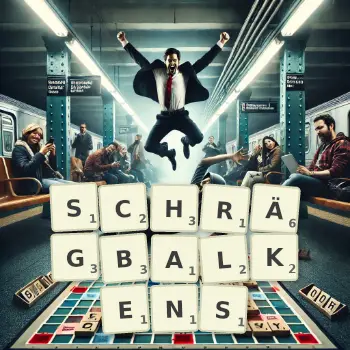 Kreative Illustration für ein Scrabble-Spiel, bei dem das Wort SCHRÄGBALKENS mit Steinen auf dem Brett gelegt wurde.
