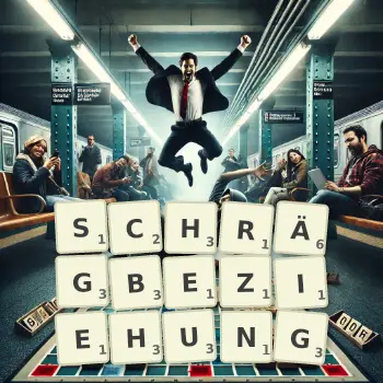 Kreative Illustration für ein Scrabble-Spiel, bei dem das Wort SCHRÄGBEZIEHUNG mit Steinen auf dem Brett gelegt wurde.
