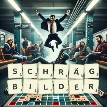 Kreative Illustration für ein Scrabble-Spiel, bei dem das Wort SCHRÄGBILDER mit Steinen auf dem Brett gelegt wurde.