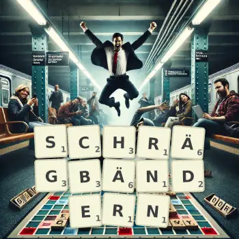 Kreative Illustration für ein Scrabble-Spiel, bei dem das Wort SCHRÄGBÄNDERN mit Steinen auf dem Brett gelegt wurde.