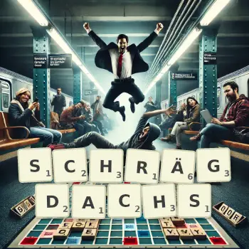 Kreative Illustration für ein Scrabble-Spiel, bei dem das Wort SCHRÄGDACHS mit Steinen auf dem Brett gelegt wurde.