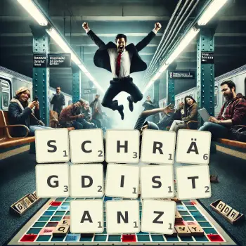 Kreative Illustration für ein Scrabble-Spiel, bei dem das Wort SCHRÄGDISTANZ mit Steinen auf dem Brett gelegt wurde.