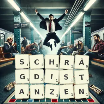 Kreative Illustration für ein Scrabble-Spiel, bei dem das Wort SCHRÄGDISTANZEN mit Steinen auf dem Brett gelegt wurde.