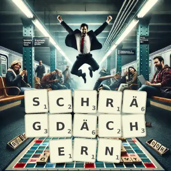Kreative Illustration für ein Scrabble-Spiel, bei dem das Wort SCHRÄGDÄCHERN mit Steinen auf dem Brett gelegt wurde.