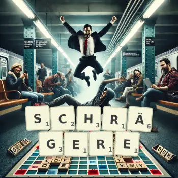 Kreative Illustration für ein Scrabble-Spiel, bei dem das Wort SCHRÄGERE mit Steinen auf dem Brett gelegt wurde.