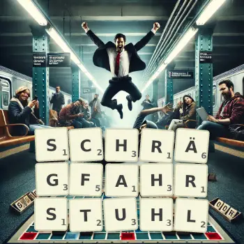 Kreative Illustration für ein Scrabble-Spiel, bei dem das Wort SCHRÄGFAHRSTUHL mit Steinen auf dem Brett gelegt wurde.