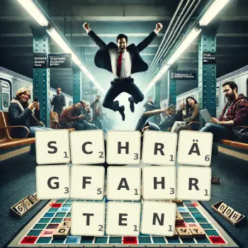Kreative Illustration für ein Scrabble-Spiel, bei dem das Wort SCHRÄGFAHRTEN mit Steinen auf dem Brett gelegt wurde.