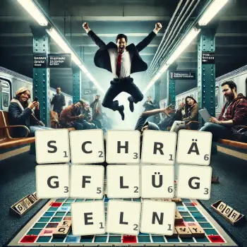 Kreative Illustration für ein Scrabble-Spiel, bei dem das Wort SCHRÄGFLÜGELN mit Steinen auf dem Brett gelegt wurde.