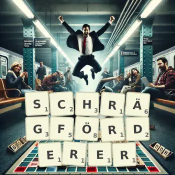 Kreative Illustration für ein Scrabble-Spiel, bei dem das Wort SCHRÄGFÖRDERER mit Steinen auf dem Brett gelegt wurde.