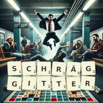 Kreative Illustration für ein Scrabble-Spiel, bei dem das Wort SCHRÄGGITTER mit Steinen auf dem Brett gelegt wurde.