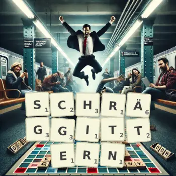 Kreative Illustration für ein Scrabble-Spiel, bei dem das Wort SCHRÄGGITTERN mit Steinen auf dem Brett gelegt wurde.